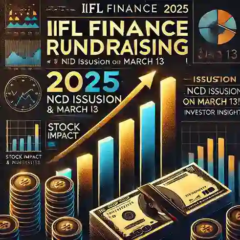 Bold financial thumbnail featuring stock market charts, a rising graph, and stacks of Indian Rupees (₹) with text highlighting IIFL Finance’s fundraising via NCD issuance on March 13, 2025.