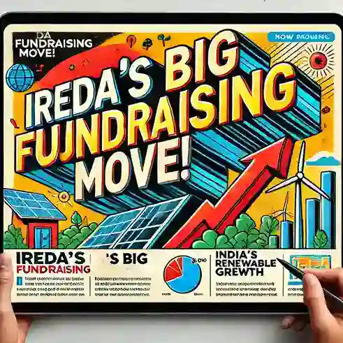 IREDA’s big fundraising move with renewable energy growth, featuring solar panels, wind turbines, and a financial growth chart.