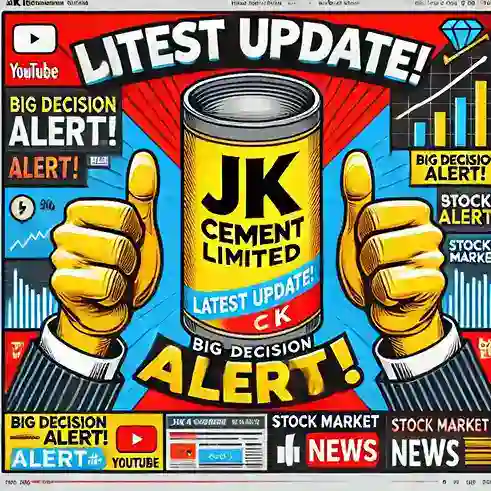 Bold and eye-catching JK Cement stock market update thumbnail with trending text and stock charts.