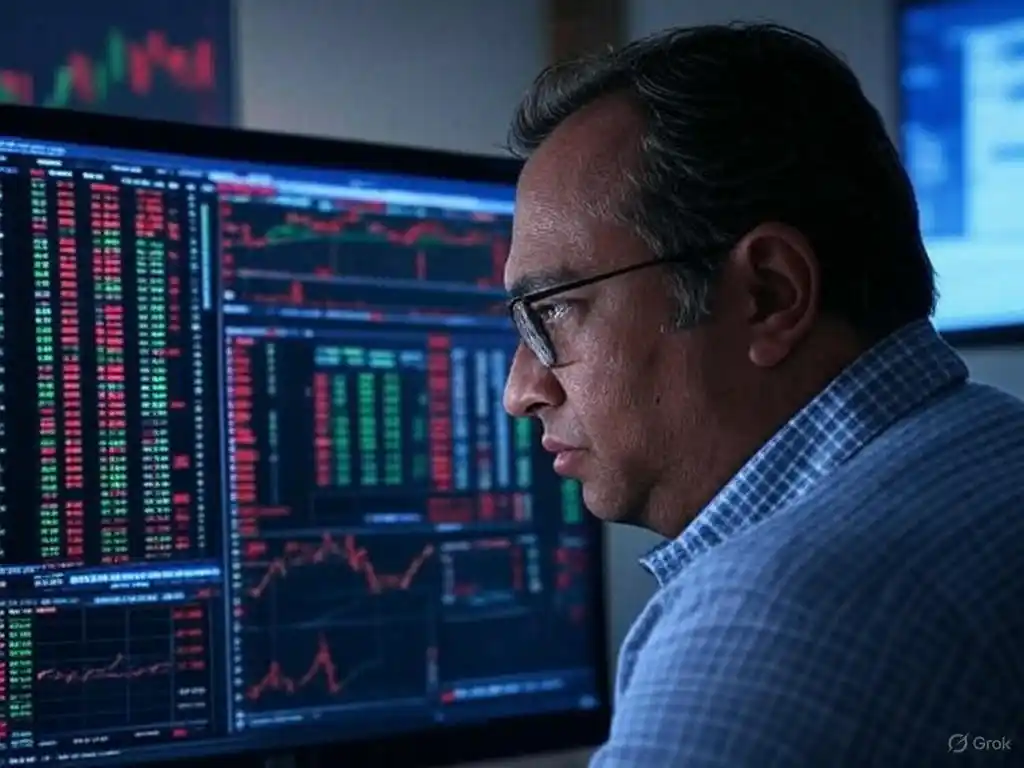 Trader analyzing NIFTY 50 stock market trends on computer with text 'Top NIFTY 50 Secrets' for Stock Bharti article