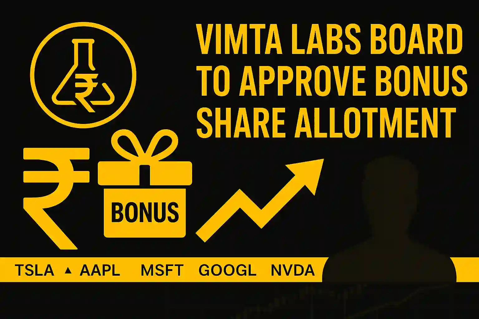 Vimta Labs Board Meeting to Approve Bonus Share Allotment – Financial Graphic with Rupee Symbol and Bonus Icons