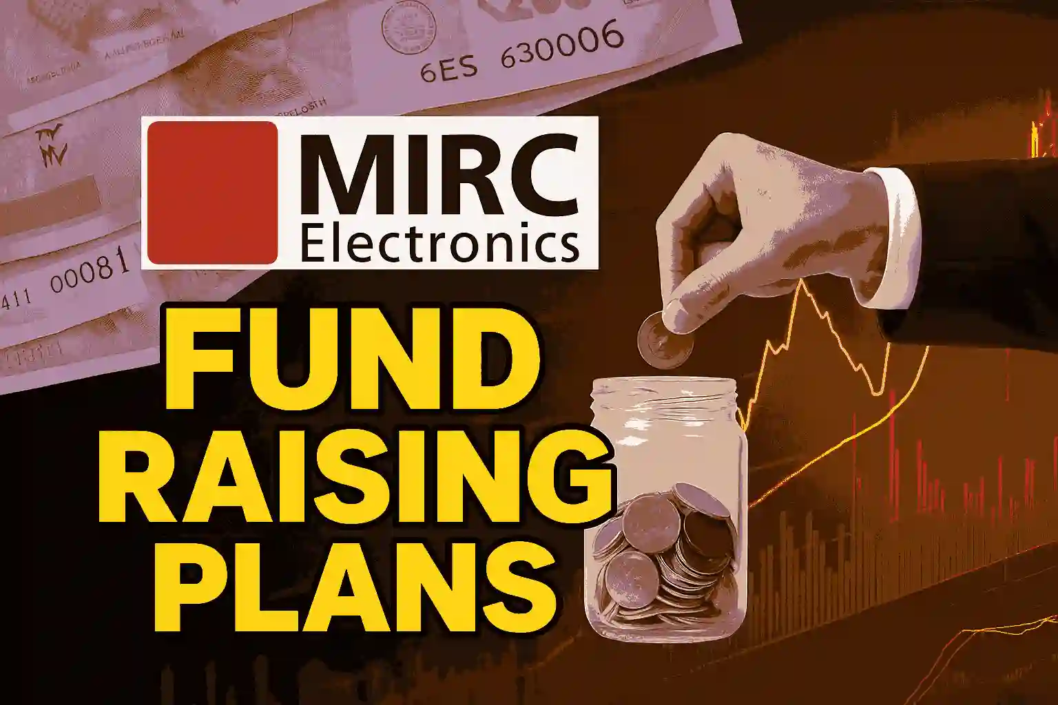 Hand putting coin in jar with MIRC Electronics logo and fund raising text