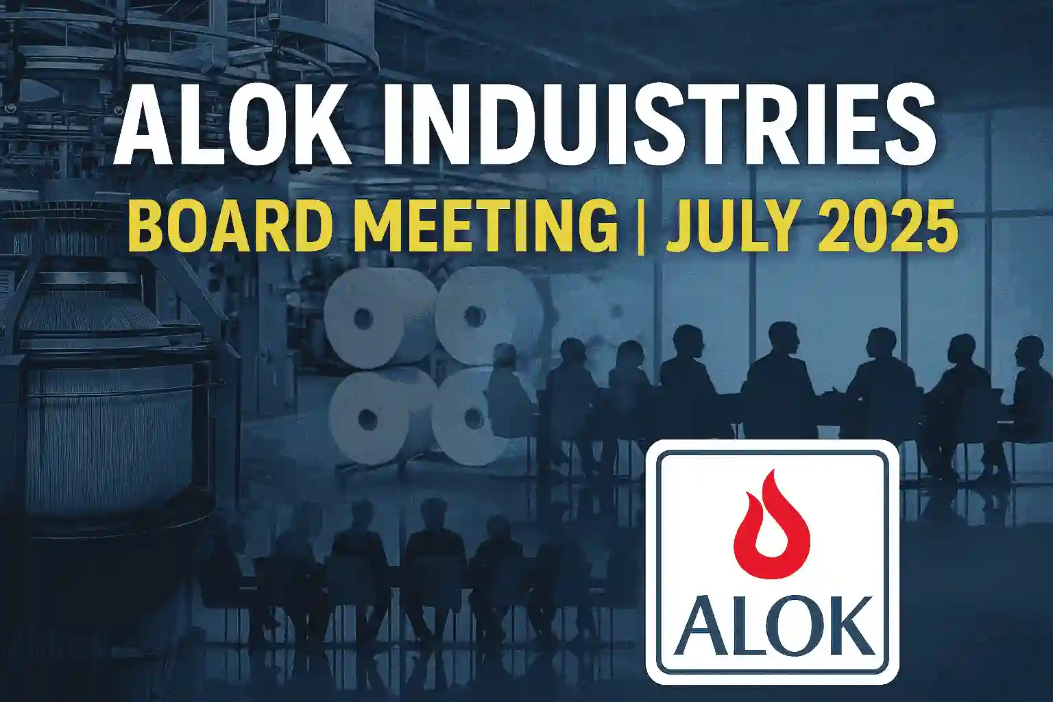 "Alok Industries board meeting announcement for July 2025 with company logo and textile industry background."